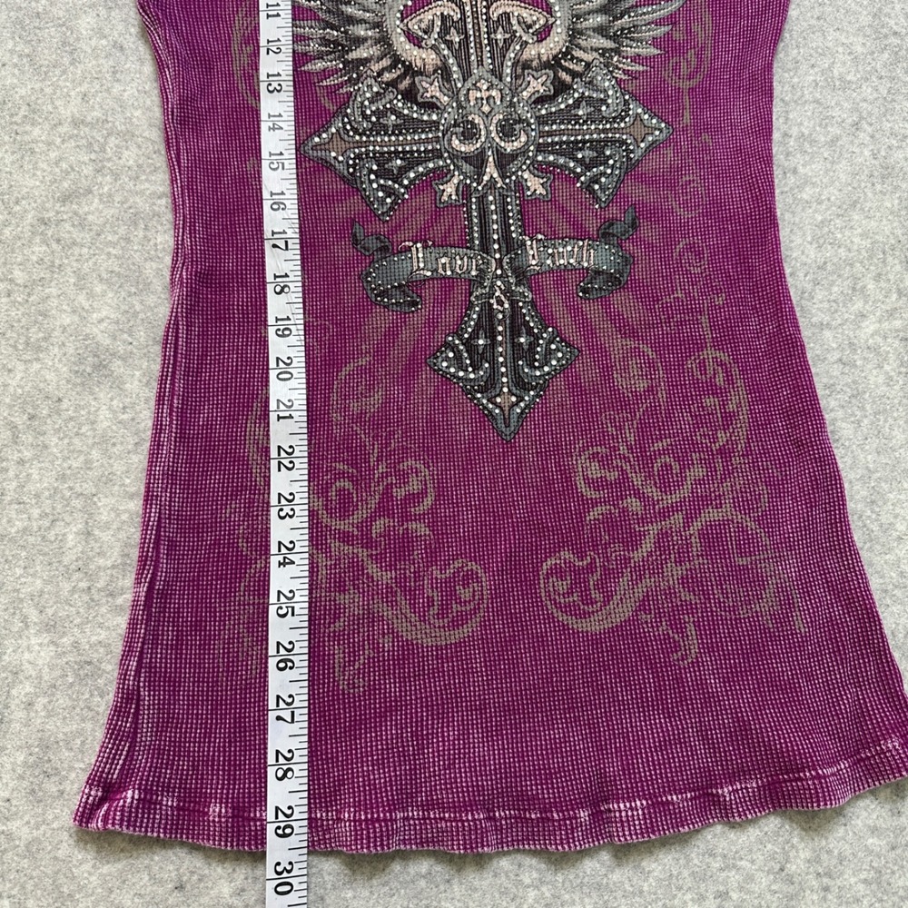 Vocal Purple Thermal Tunic Top Rhinestone Cross Wings Large Y2K Grunge Goth Rock - Picture 8 of 12